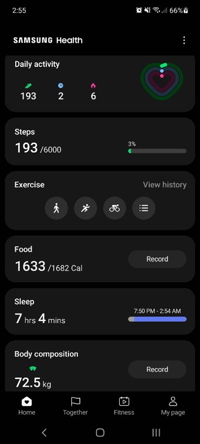 The main interface of the Samsung Health app.