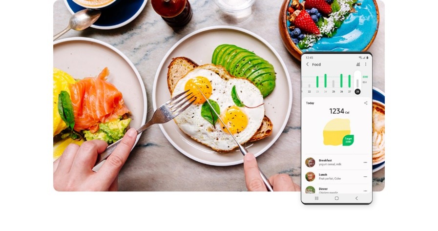 Body composition and food tracker on the Samsung Health app.